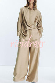 Juliette Cross-front Button Up Long Sleeve Shirt and Elastic Waist Pocket Loose Pants Set