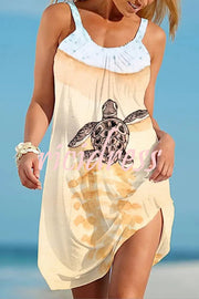 Liberty Island Ocean Turtle Printed Sling Beach Mini Dress