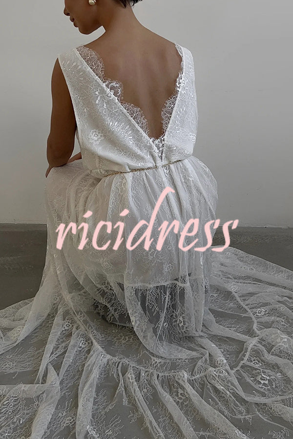 Fashionable Sheer Lace V-neck Backless Elegant Maxi Dress