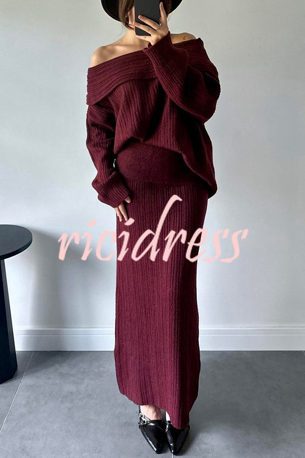 Luka Ribbed Knit Off Shoulder Long Sleeve Sweater and Stretch Maxi Skirt Set