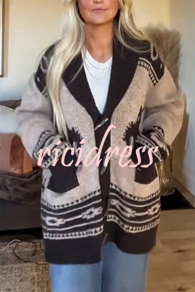Retro Western Knit Unique Pattern Horn Buttons Pocket Lapel Loose Cardigan