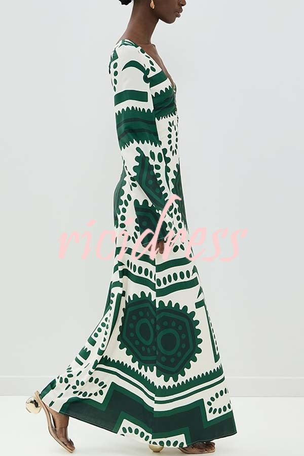 Holiday Fashion Unique Print Front Center Hollow Ring Long Sleeve Maxi Dress