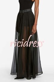 Avant-garde Fashion Denim Flowing Organza Patchwork Pocketed Wide Leg Jeans