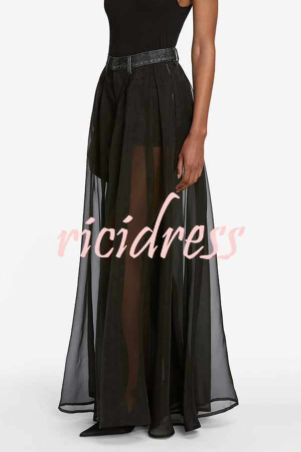 Avant-garde Fashion Denim Flowing Organza Patchwork Pocketed Wide Leg Jeans