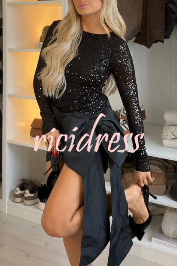 Forever New Sequin Long Sleeve Oversized Bow Drape Mini Dress