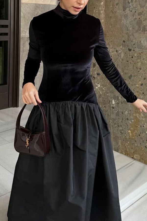 Solid Color Velvet Patchwork High Neck Long Sleeve Maxi Dress