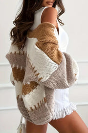 Fashionable Contrast Color Stitching Casual Knitted Cardigan