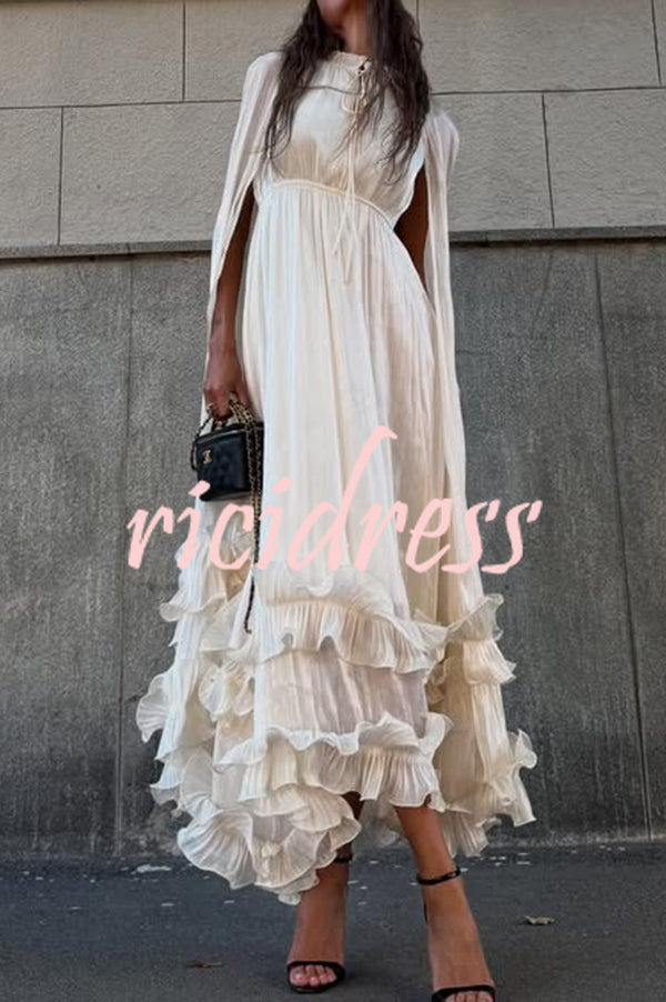 Fashionable V-neck Lace-up Ruffled Double-layer Hem Maxi Dress