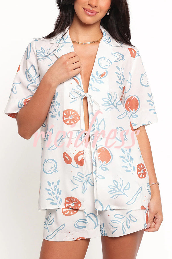 Graffiti Fruit Print Lapel Tie Short Sleeve Top and Elastic Waist Loose Pocket Shorts Set