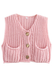 Solid Color Sleeveless Pocket Knitted Vest