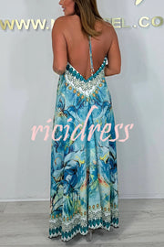 Unique Print V-neck Open Back Loose Maxi Dress