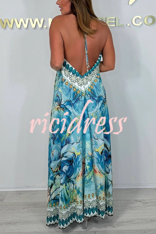 Unique Print V-neck Open Back Loose Maxi Dress