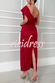 Sweet Party One Shoulder Lapel Neck Sleeveless Bow Belt Pencil Midi Dress