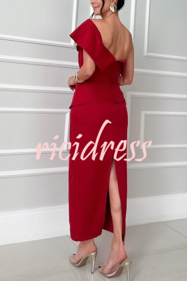 Sweet Party One Shoulder Lapel Neck Sleeveless Bow Belt Pencil Midi Dress