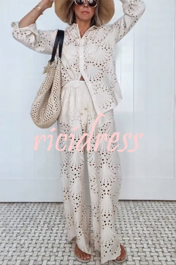 Lillah Embroidered Lace Shell Pattern Elastic Waist Pocket Wide Leg Pants