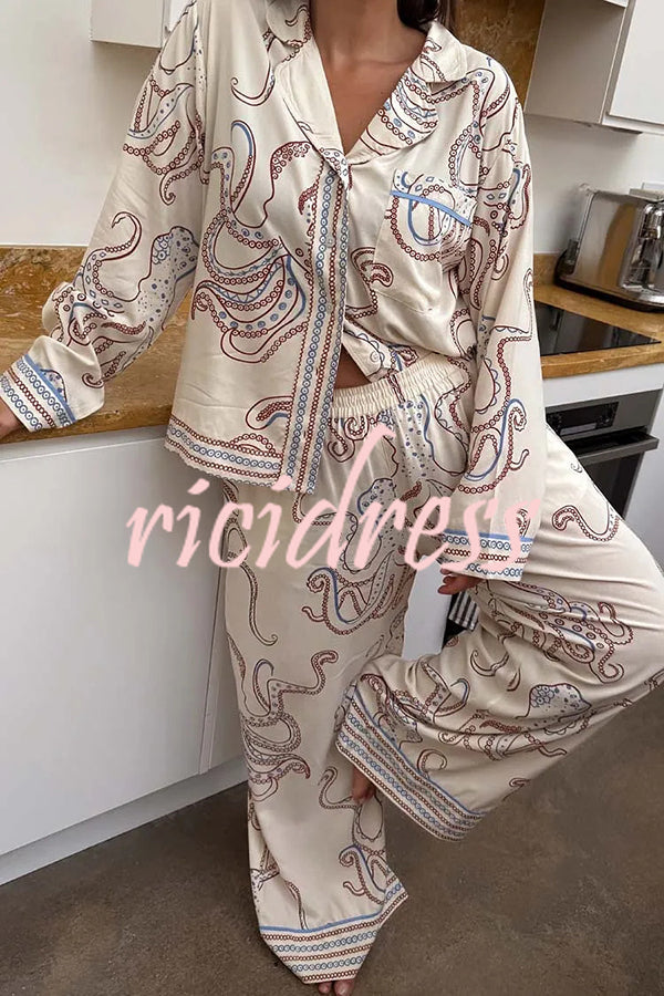 Calm Seas Line Octopus Unique Print Loose Shirt and Elastic Waist Pocketed Pajama Set