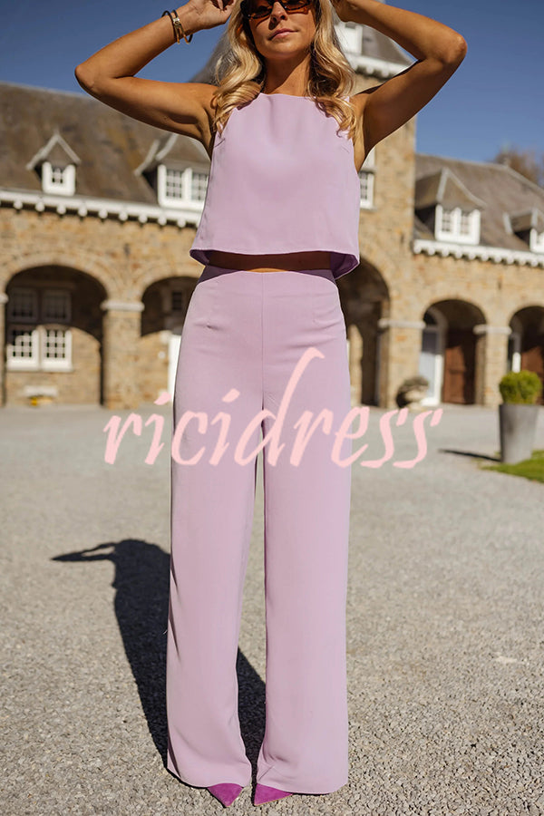 Modern and Elegant Solid Crop Tank and High Rise Flare Loose Pants Set