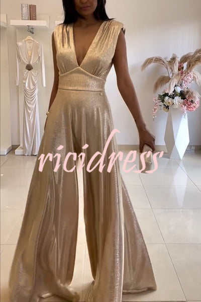 Roisin Metallic Fabric Ruched Shoulder V-neck Wide Leg Drape Jumpsuit