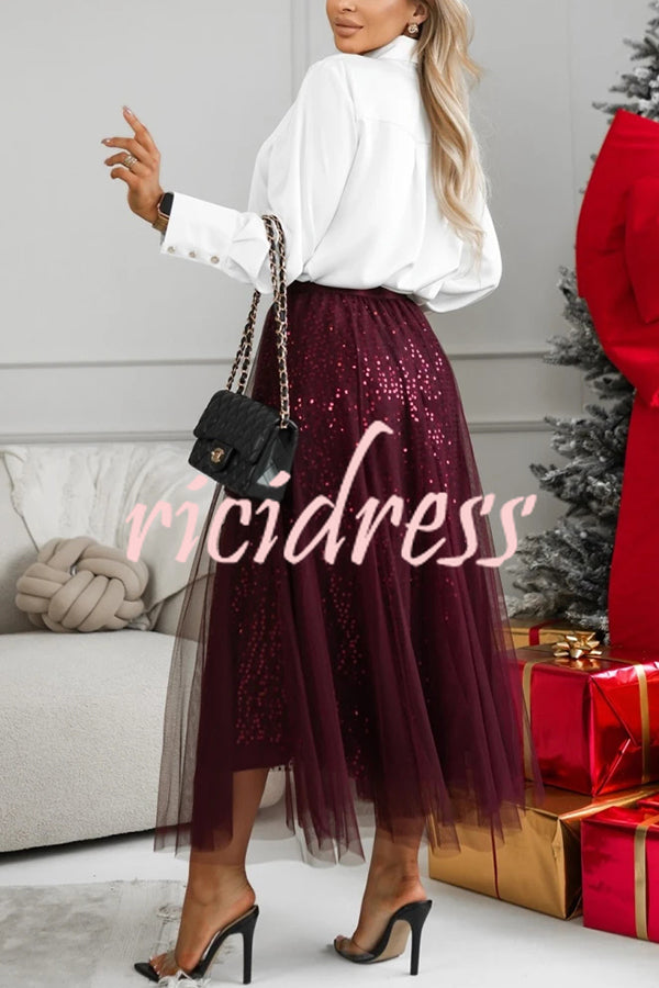 Party Daydream Sequin Tulle High Rise Elastic Waist Maxi Skirt