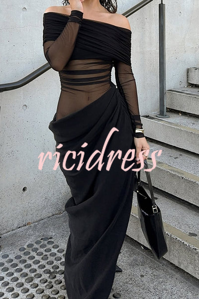 Exquisite Sexy Mesh Patchwork Off Shoulder Cutout Ruched Maxi Dress