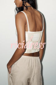 Angie Contrast Patchwork Crochet Appliqué Strap Tank Top