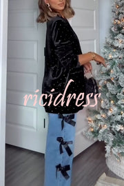 Runway Muse Embellished Velvet Long Sleeve Pocketed Lapel Blazer