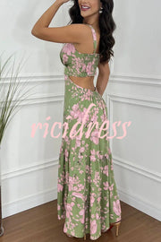 Vintage Charm Floral Print Cutout Back Smocked Maxi Dress