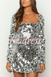 Bring The Disco Large Sequins Square Neck Long Bell Sleeve Backless Slit Mini Dress