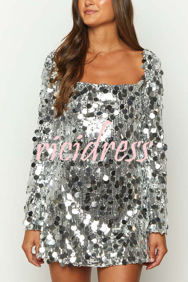 Bring The Disco Large Sequins Square Neck Long Bell Sleeve Backless Slit Mini Dress