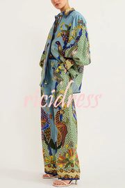 Smyrna Unique Heaven Bird Print Elastic Waist Pocketed Wide Leg Pants