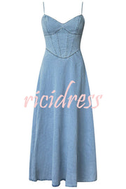 Solid Color Sleeveless Suspender Pleated Back Faux Denim Midi Dress