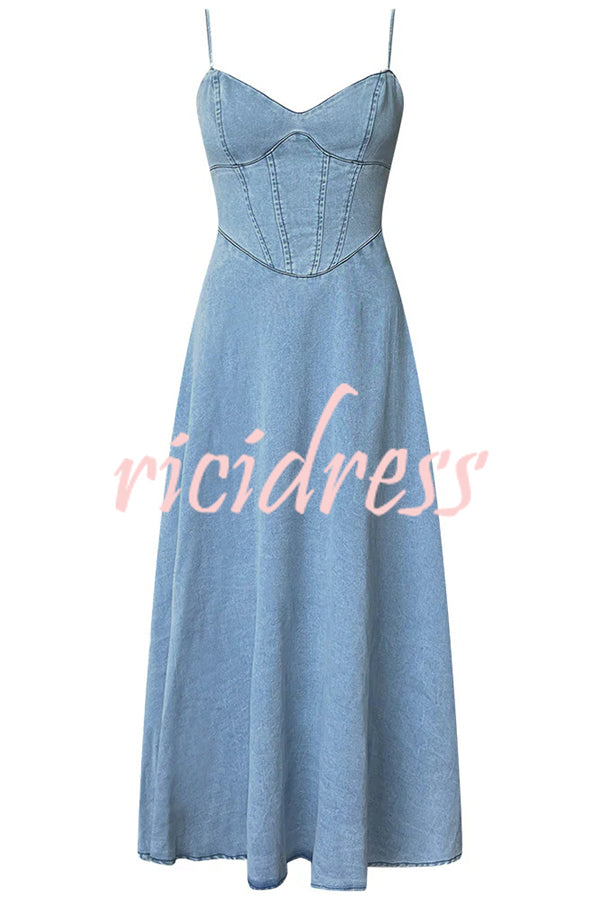 Solid Color Sleeveless Suspender Pleated Back Faux Denim Midi Dress