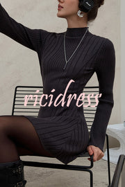 Solid Color Long-sleeved Slim-fit Elegant Knitted Mini Dress