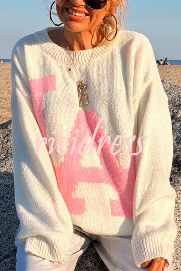 Letter Pattern Crew Neck Long Sleeve Loose Knit Sweater