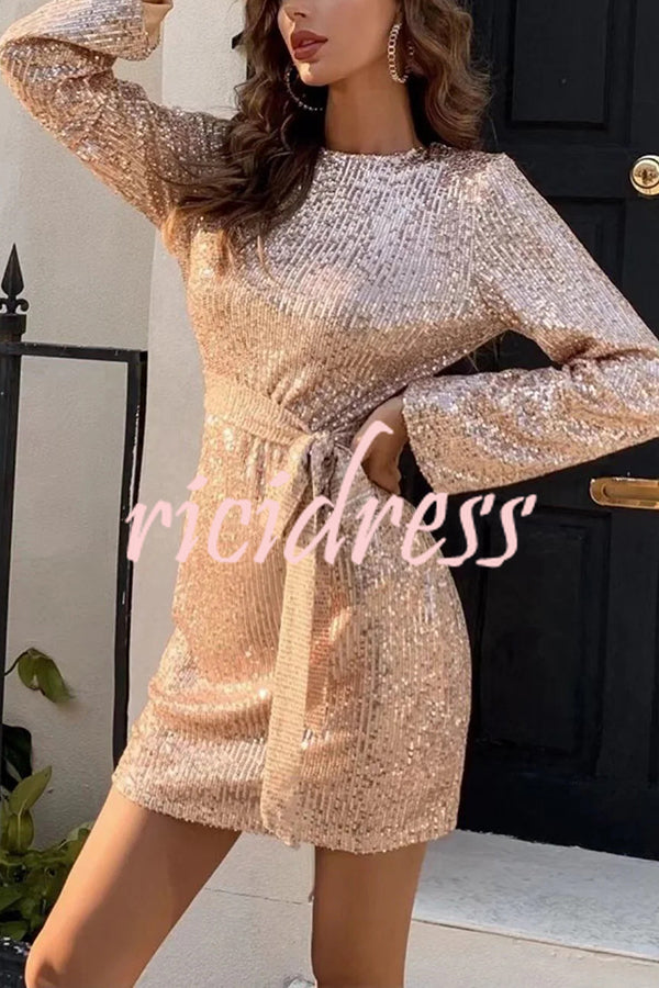 Fashion Sequined Tie Waist Slim Backless Mini Dress