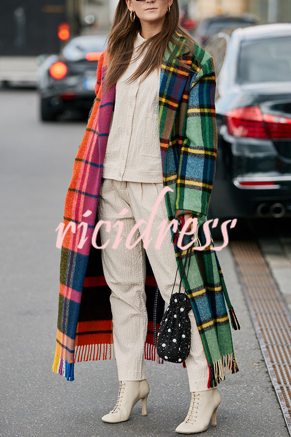 Fashionable Color-block Plaid Print Lapel Long-sleeved Casual Long Coat