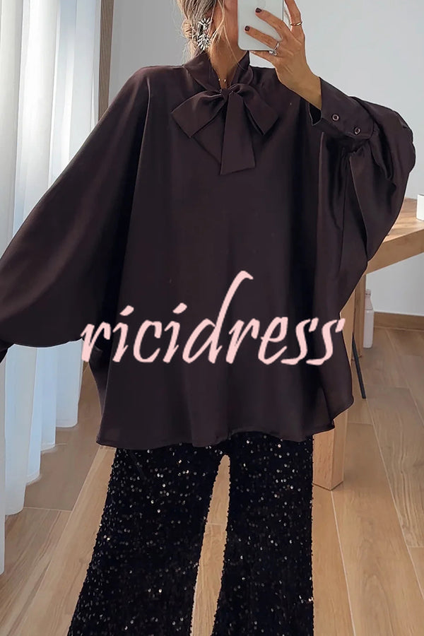 Chic and Merry Satin Bow Neck Batwing Sleeve Loose-fitting Blouse