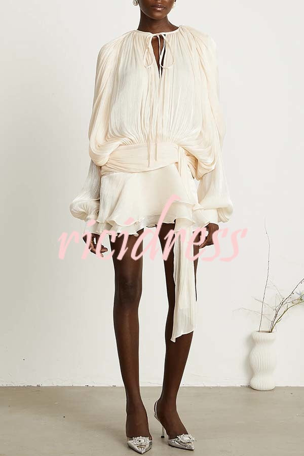 Ninah Glitter Fabric Pleated Balloon Sleeve Tiered Ruffle Hem Mini Dress