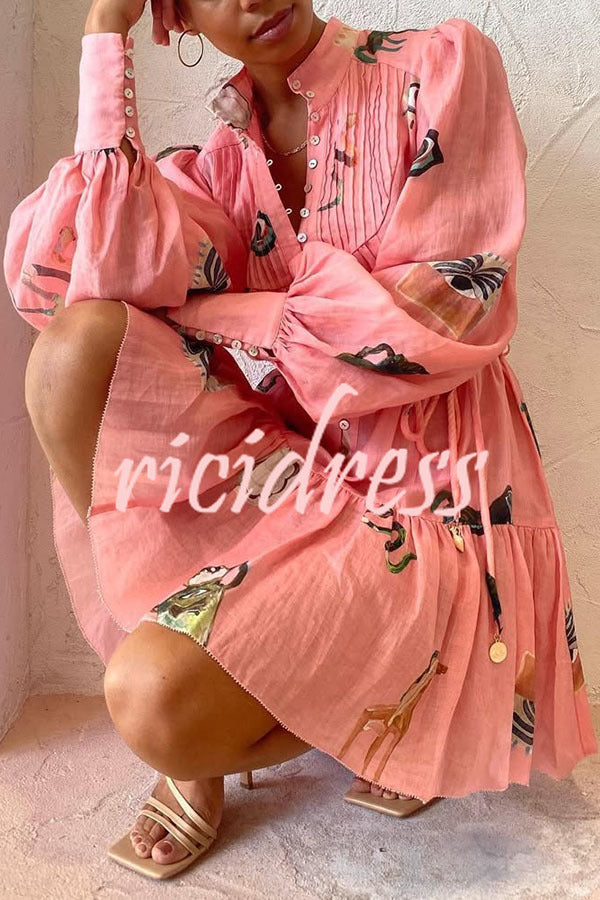 Unique Print Single Breasted Balloon Sleeve Tie Waist Ruffled Mini Dress