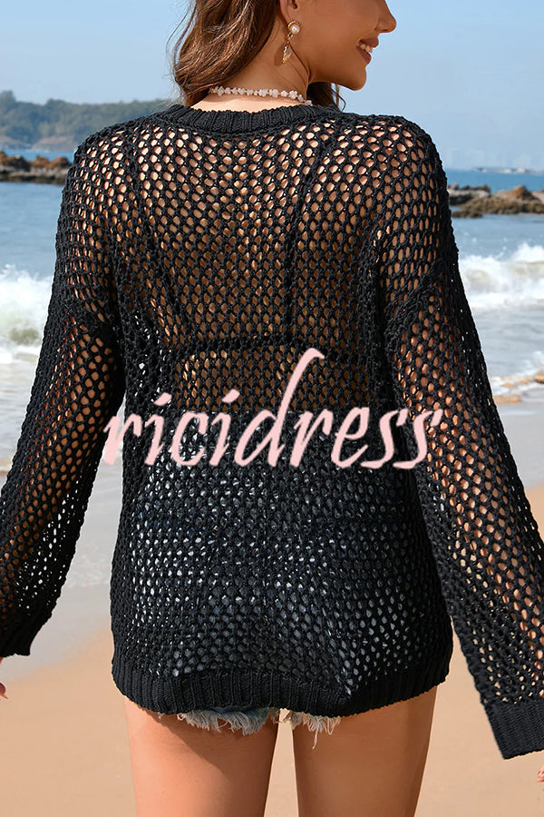 Solid Color Round Neck Long Sleeve Heart Knitted Beach Cover Up