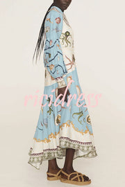 Ocean Print Lapel Button Waist Tie Resort Maxi Dress