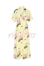 Jasmine Linen Blend Floral Polka Dot Wide Sleeve Shirt Maxi Dress