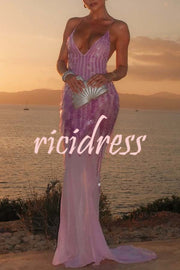 Perfect Night Sequin Embroidery Backless Drape Tulle Hem Slip Maxi Dress