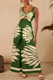 Unique Printed Open Back Pleated Casual Wide-leg Jumpsuit