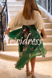 Tessy Batwing Sleeve Top and Floral Elastic Waist Pearls Detail High Low Midi Skirt Set