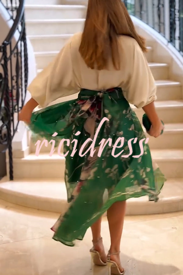 Tessy Batwing Sleeve Top and Floral Elastic Waist Pearls Detail High Low Midi Skirt Set