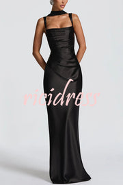 Calanthe Satin Square Neck Ruched Back Lace-up Drape Mesh Scarf Maxi Dress