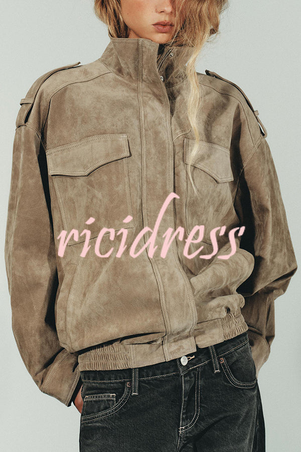 Fashionable Suede Loose Pocket Leather Jacket