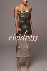 Visions of You Metallic Fabric Cowl Neck Removable Straps Stretch Midi Dress