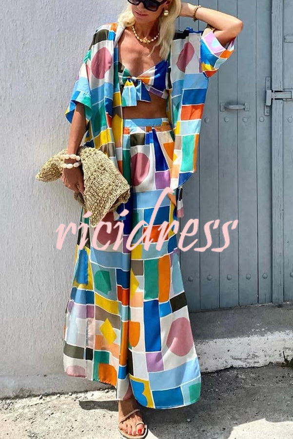 Summer Colors Printed Kimono + Knotted Tank + Elastic Waist Pocket Three-pieces Pants Set